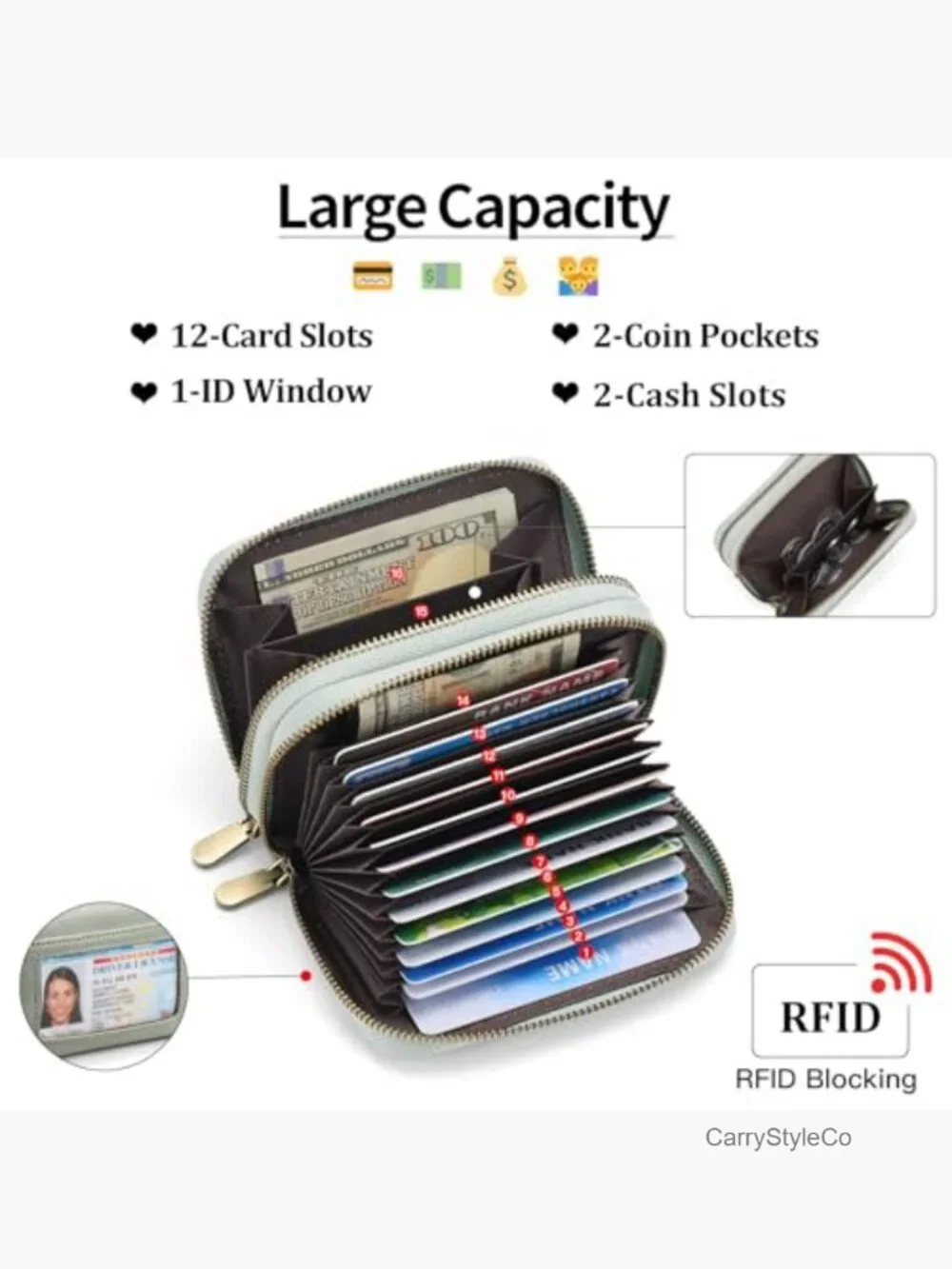 Leather Credit Card Holder Wristlet RFID Blocking Double Zipper with ID Window
